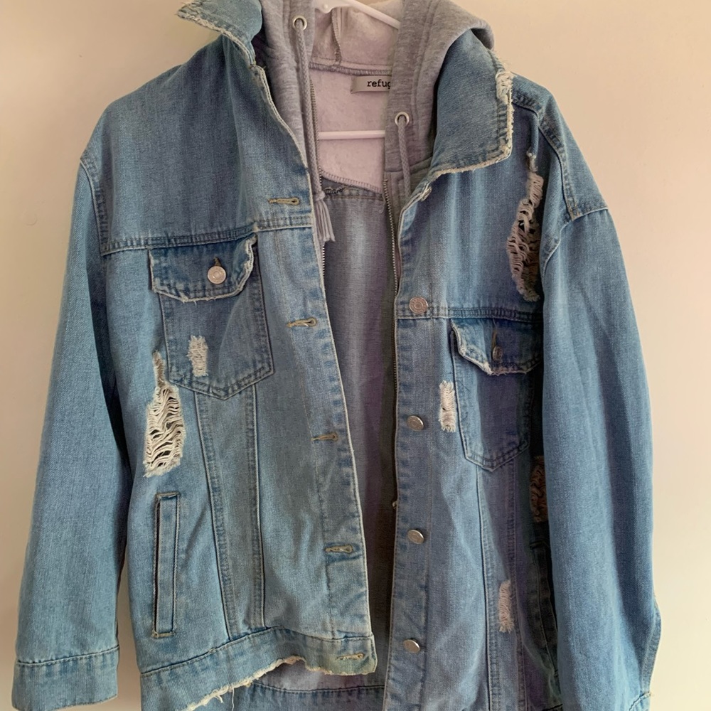 Jean jacket with sown in grey hoodie